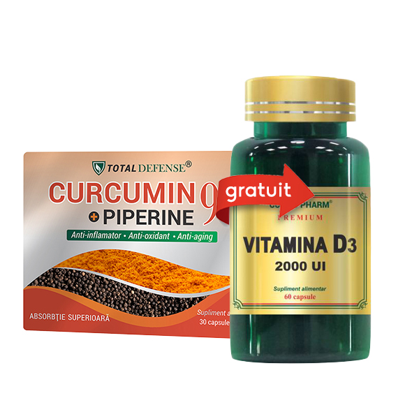 Pachet Curcumin + Piperine 95% - 30 cps + Vitamina D3 2000 UI - 30 cps (gratis) Cosmo Pharm